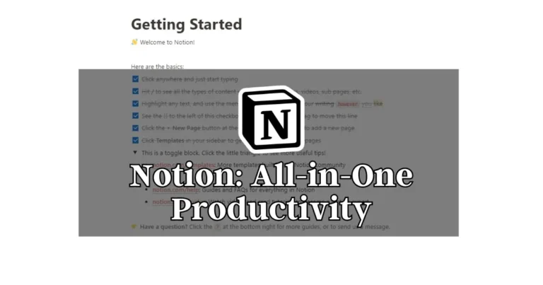 "Notion template display for all-in-one productivity, featuring a user-friendly dashboard and startup guide